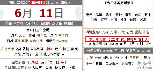 2020年陰歷多少天數 2020年閏月嗎是幾月2